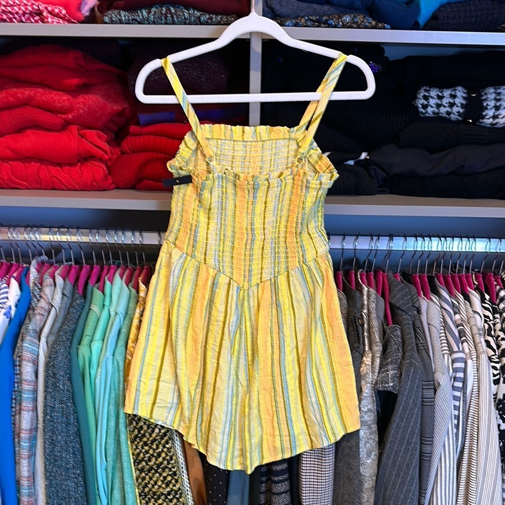Unbranded yellow/orange/blue striped smocked bust adjustable straps romper XS